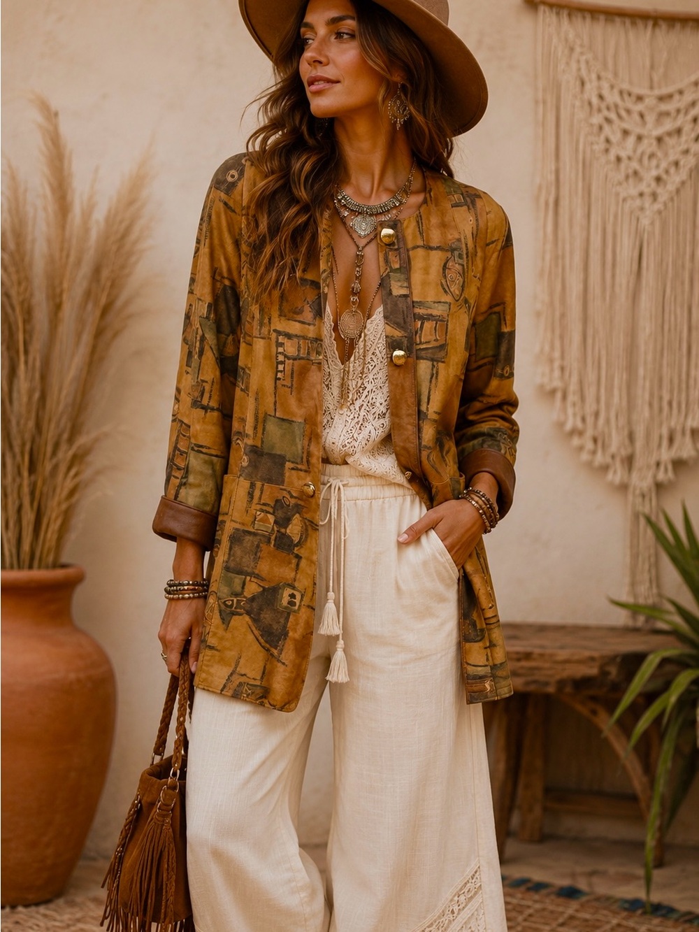 Vintage Eugene Australian Tan Patch-Print Leather Jacket Gold Button Front Rare